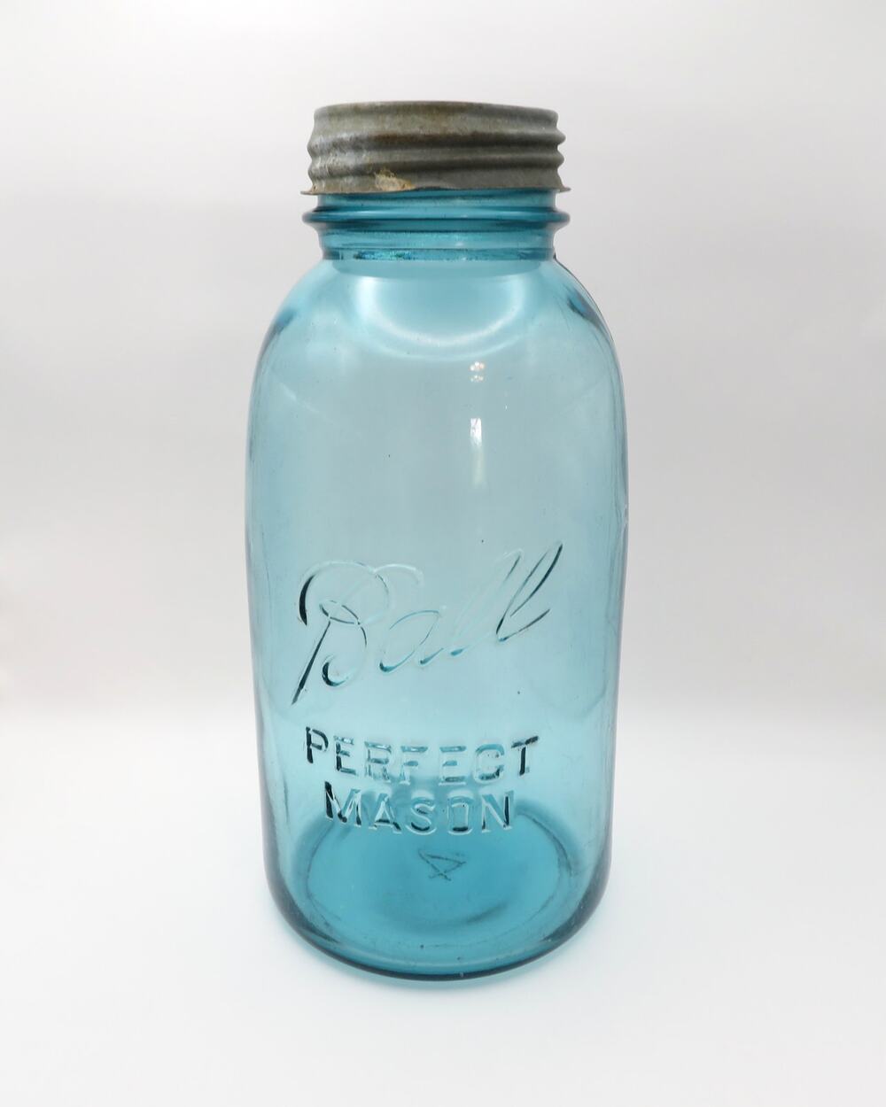 Antique Ball Perfect Mason Half Gallon Aqua Blue Jar Zinc Milk Glass Lid 1920s